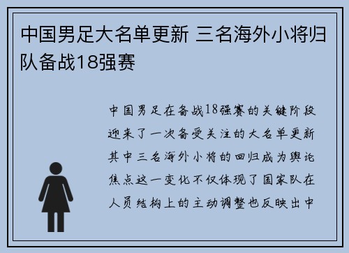 中国男足大名单更新 三名海外小将归队备战18强赛